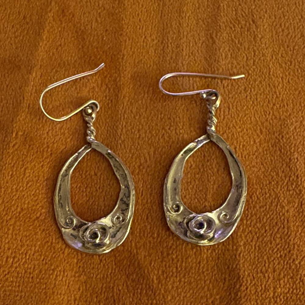 Vintage, 925 Isreal Hammered Silver Rose Dangle Earrings
